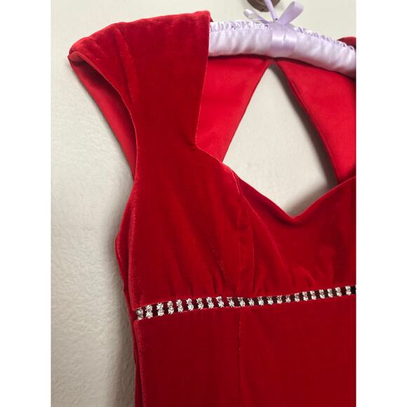 Vintage 90s Sz 4 Red Velvet Rhinestone Empire Waist Cap Sleeve Maxi Dress Gown - Picture 5 of 13